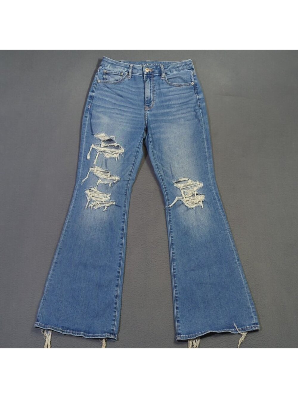 American Eagle Jeans Women's 6 Blue Curvy Super High Rise Flare Distressed